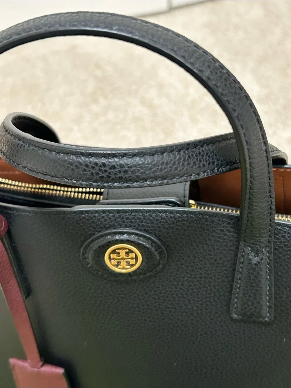 Tory Burch Small Robinson Black Satchel with burgundy luggage tag DISCONTINUED